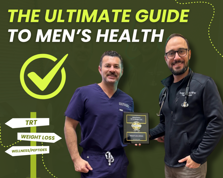 Anthony Valiente, FNP-BC and Jose Moran, FNP-C holding an AlphaGenics award for men's health, TRT, and weight loss services