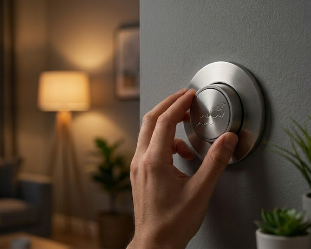 Hand adjusting a sleek wall dial or thermostat featuring a chemical molecular symbol