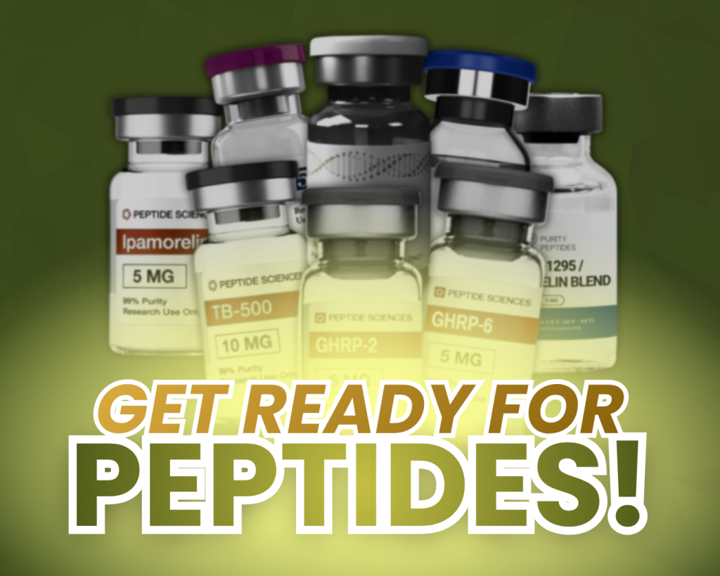 Peptide therapy vials including Ipamorelin and TB-500 with text reading get ready for peptides